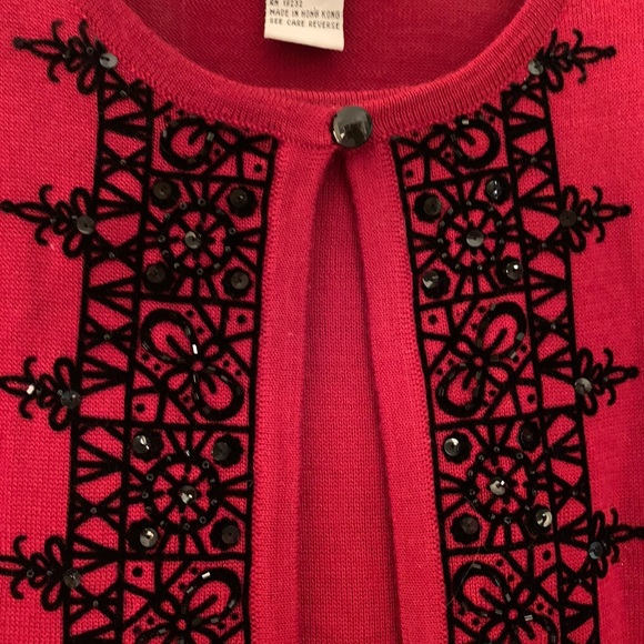 Elegant Ruby Red Sweater set w black jet trim PL Orig $49 MOVING SALE $10 firm - Picture 3 of 7
